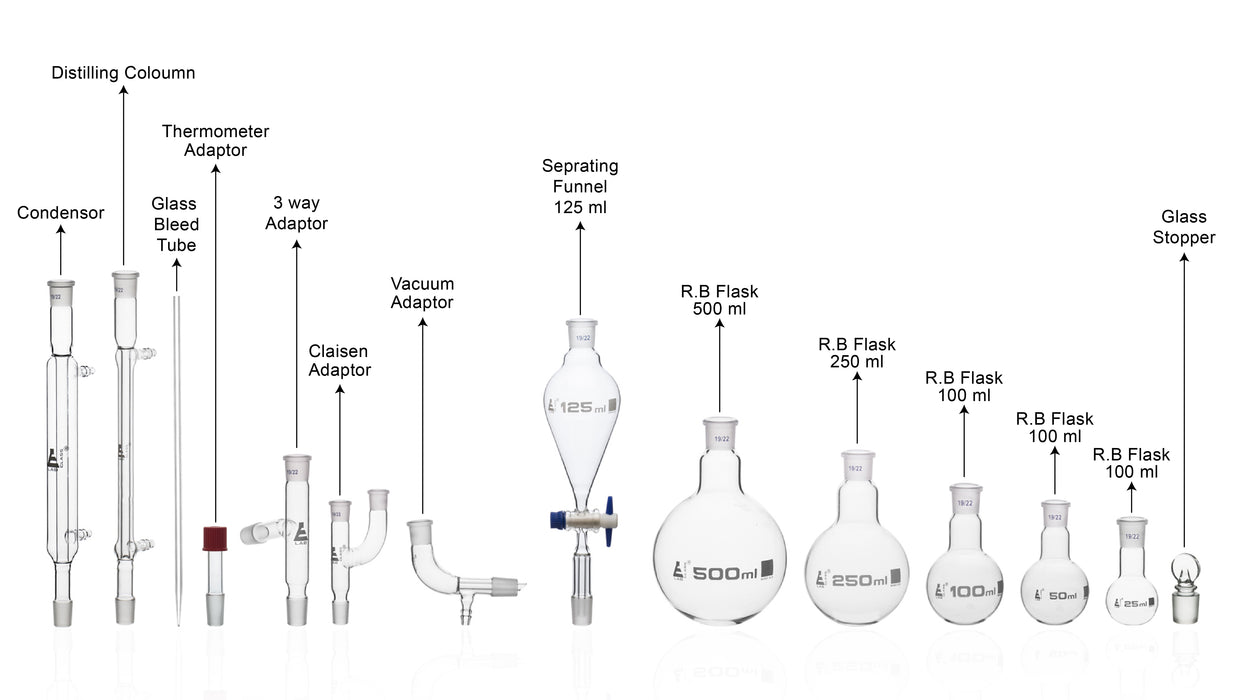 Distillation Kit - Organic Chemistry Set with Size 19/22 Interchangeable Joints - 15 Pieces with Hard Storage Briefcase - Borosilicate Glass - Eisco labs
