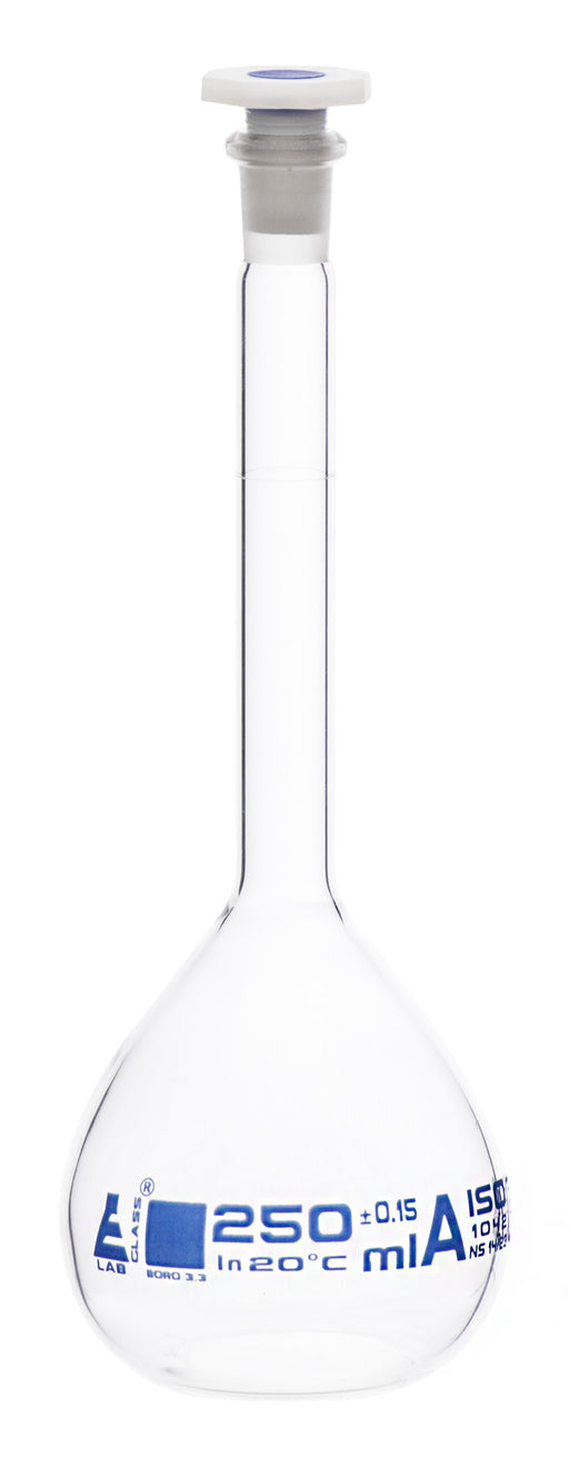 Volumetric Flask, 250ml - Class A - Tolerance ±0.15ml - Interchangeable, 14/23 Polypropylene Stopper - Single, White Graduation - With Individual Work Certificate - Borosilicate Glass - Eisco Labs