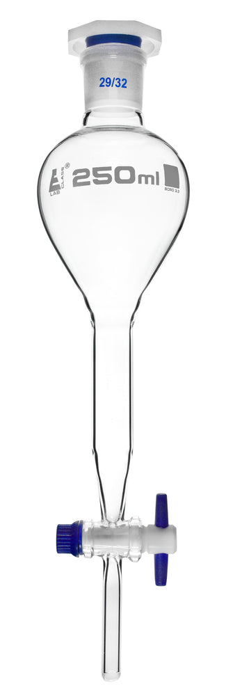 Gilson Separating Funnel, 250ml - PTFE Key Stopcock - Plastic Stopper, Socket Size 29/32 - Borosilicate Glass - Eisco Labs