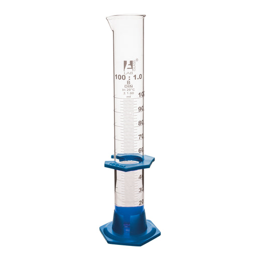 Measuring Cylinder, 100ml - Class B - Detachable, Plastic Hexagonal Base & Protective Collar - White Graduations - Borosilicate Glass - Eisco Labs