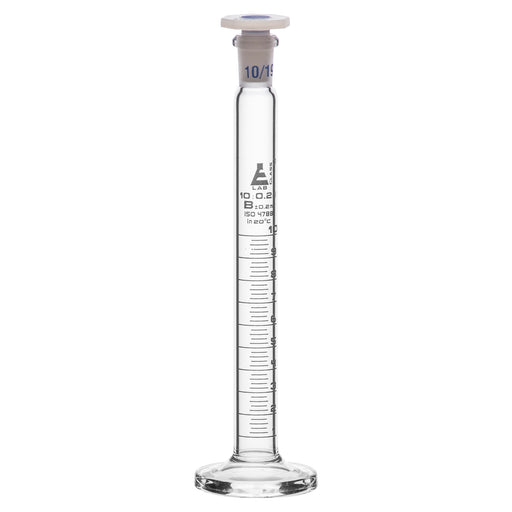 Measuring Cylinder, 10ml - Class B - 10/19 Polypropylene Stopper - Round Base, White Graduations - Borosilicate Glass - Eisco Labs