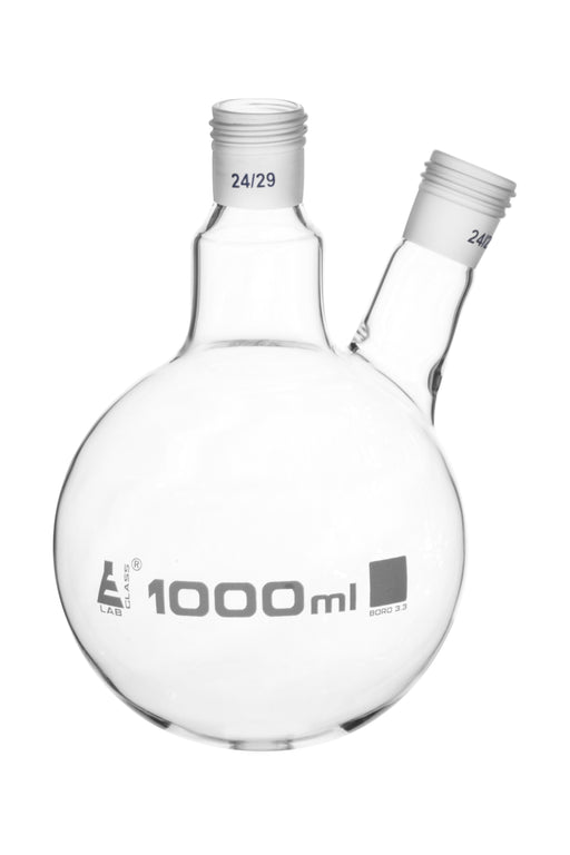 Distillation Flask with 2 Necks, 1000ml Capacity, 24/29 Joint Size, Interchangeable Screw Thread Joints, Borosilicate Glass - Eisco Labs
