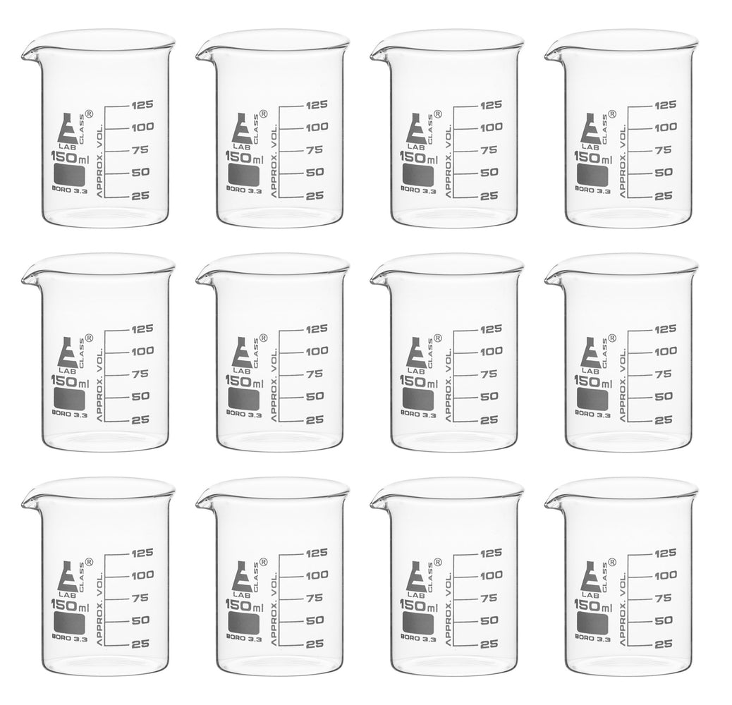 12PK Beakers, 150ml - Griffin Style, Low Form with Spout - White, 25ml Graduations - Borosilicate 3.3 Glass