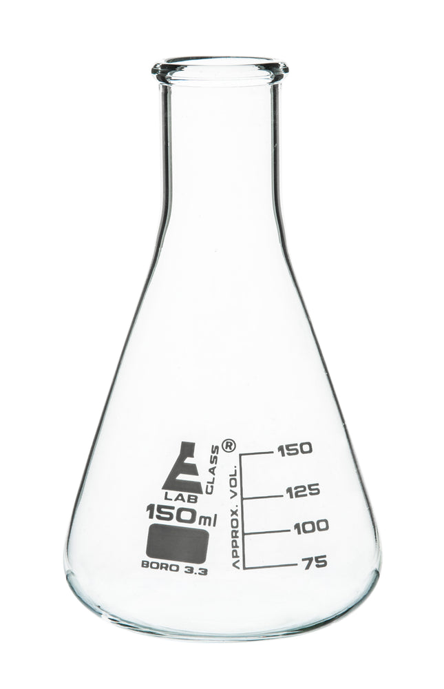 Erlenmeyer Flask, 150ml - Borosilicate Glass - Narrow Neck, Conical Shape - White Graduations - Eisco Labs