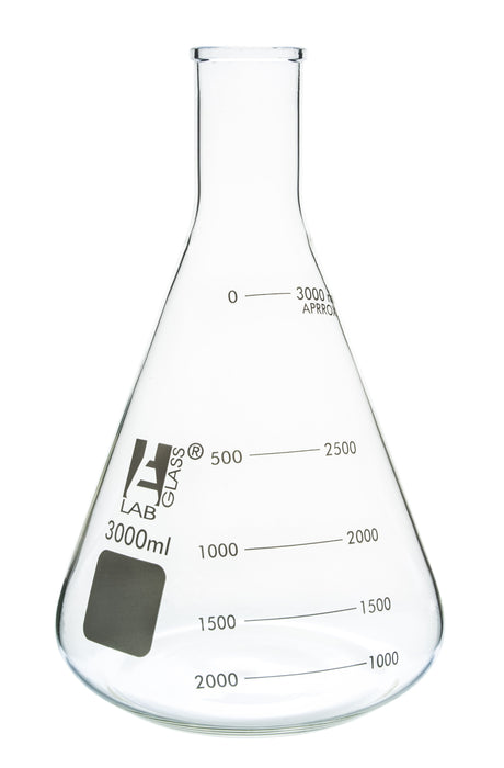 Erlenmeyer Flask, 3000ml - Borosilicate Glass - Narrow Neck, Conical Shape - White Graduations - Eisco Labs