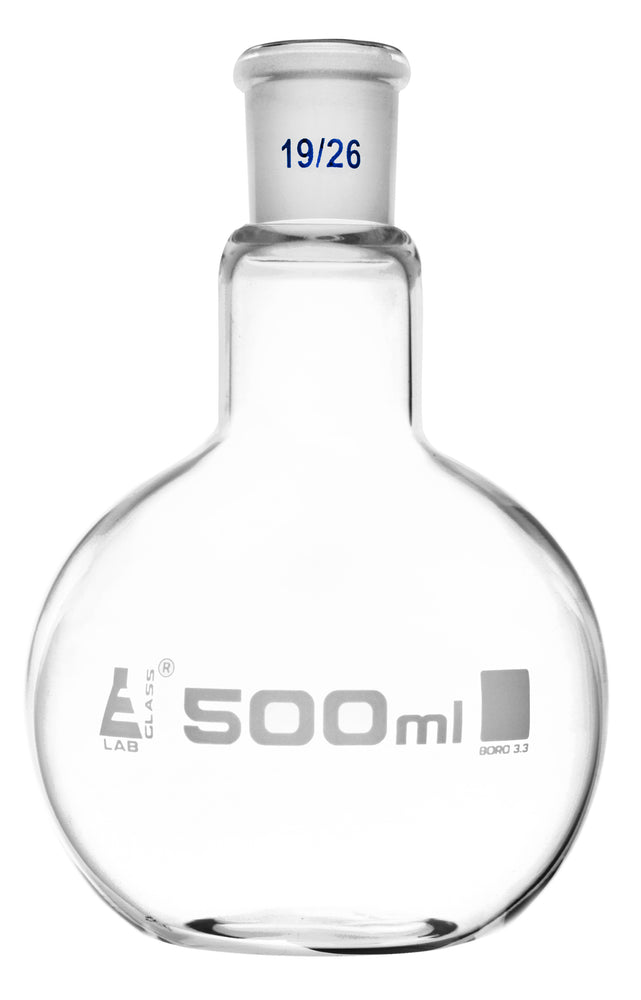 Florence Boiling Flask, 500ml - 19/26 Joint, Interchangeable - Borosilicate Glass - Flat Bottom, Short Neck - Eisco Labs