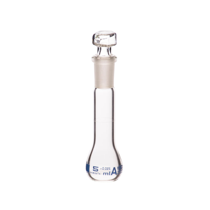 Volumetric Flask, 5ml - Class A - Hexagonal, Hollow Glass Stopper - Single, Blue Graduation - Eisco Labs