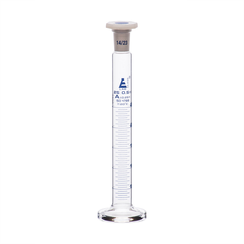 Measuring Cylinder, 25ml - Class A - 14/23 Polypropylene Stopper - Round Base, Blue Graduations - Borosilicate Glass - Eisco Labs