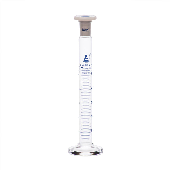 Measuring Cylinder, 25ml - Class A - 14/23 Polypropylene Stopper - Round Base, Blue Graduations - Borosilicate Glass - Eisco Labs