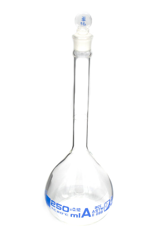 Volumetric Flask, 250ml - Class A, ASTM - Tolerance ±0.120 ml - Glass Stopper -  Single, Blue Graduation - Eisco Labs