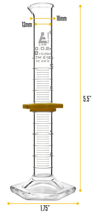 Measuring Cylinder, 10ml - ASTM, Class B Tolerance ±0.20ml - Protective Collar, Hexagonal Base - White Graduations - Borosilicate 3.3 Glass - Eisco Labs