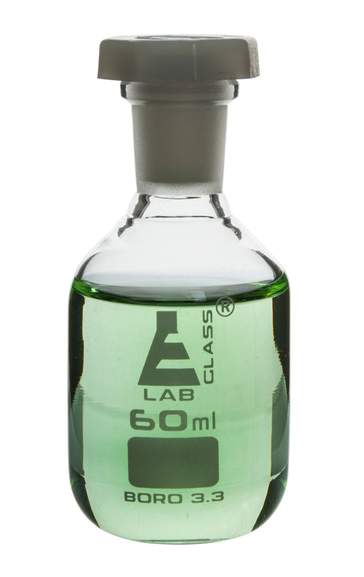 60mL (2oz) Glass Reagent Bottle with Acid Proof Polypropylene Stopper, Borosilicate 3.3 Glass - Eisco Labs