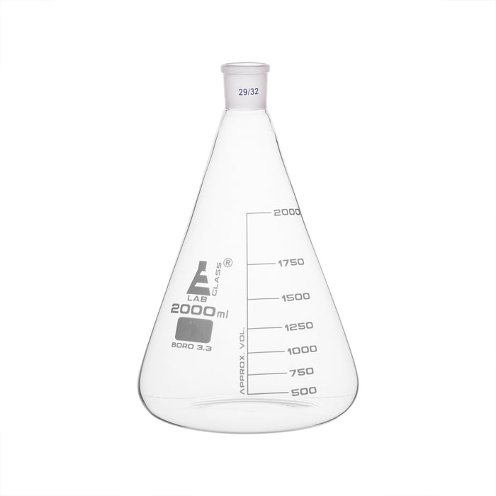 Erlenmeyer Flask, 2000ml - 29/32 Joint, Interchangeable - Borosilicate Glass - Conical Shape, Narrow Neck - Eisco Labs