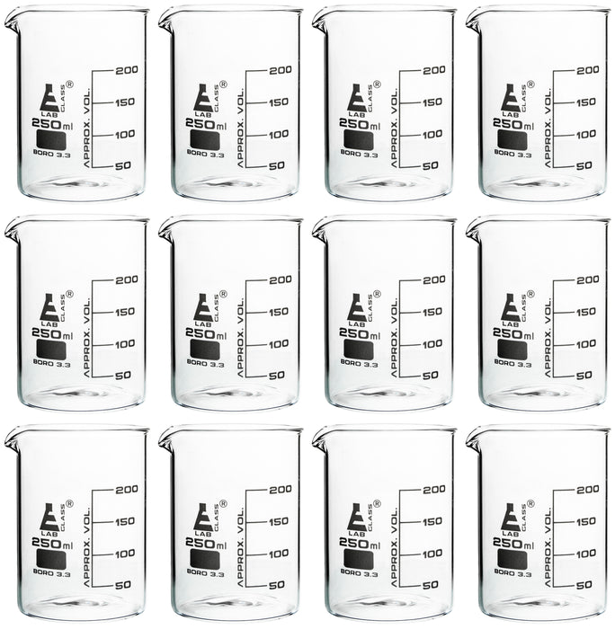 12PK Beakers, 250ml - Griffin Style, Low Form with Spout - White, 50ml Graduations - Borosilicate 3.3 Glass