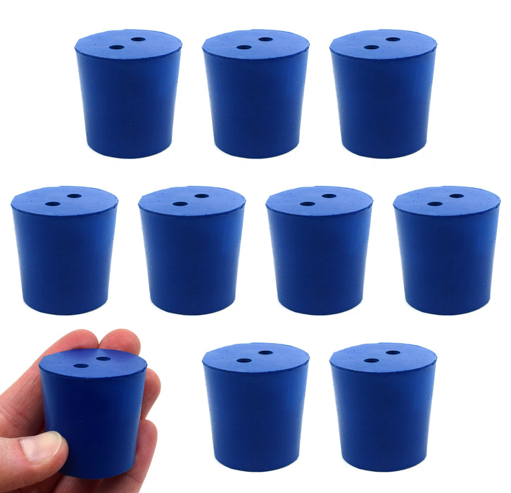 Neoprene Stoppers, 2 Holes - Blue - Size: 31mm Bottom, 36mm Top, 35mm Length - Pack of 10