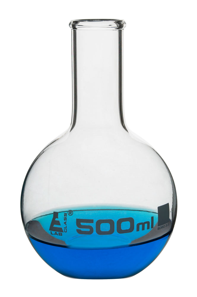 Boiling Flask, 500ml - Borosilicate Glass - Flat Bottom, Narrow Neck - Eisco Labs