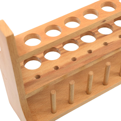 Wooden Test Tube Rack with 6 Draining Pins - Holds 13 Tubes - Polished Wood