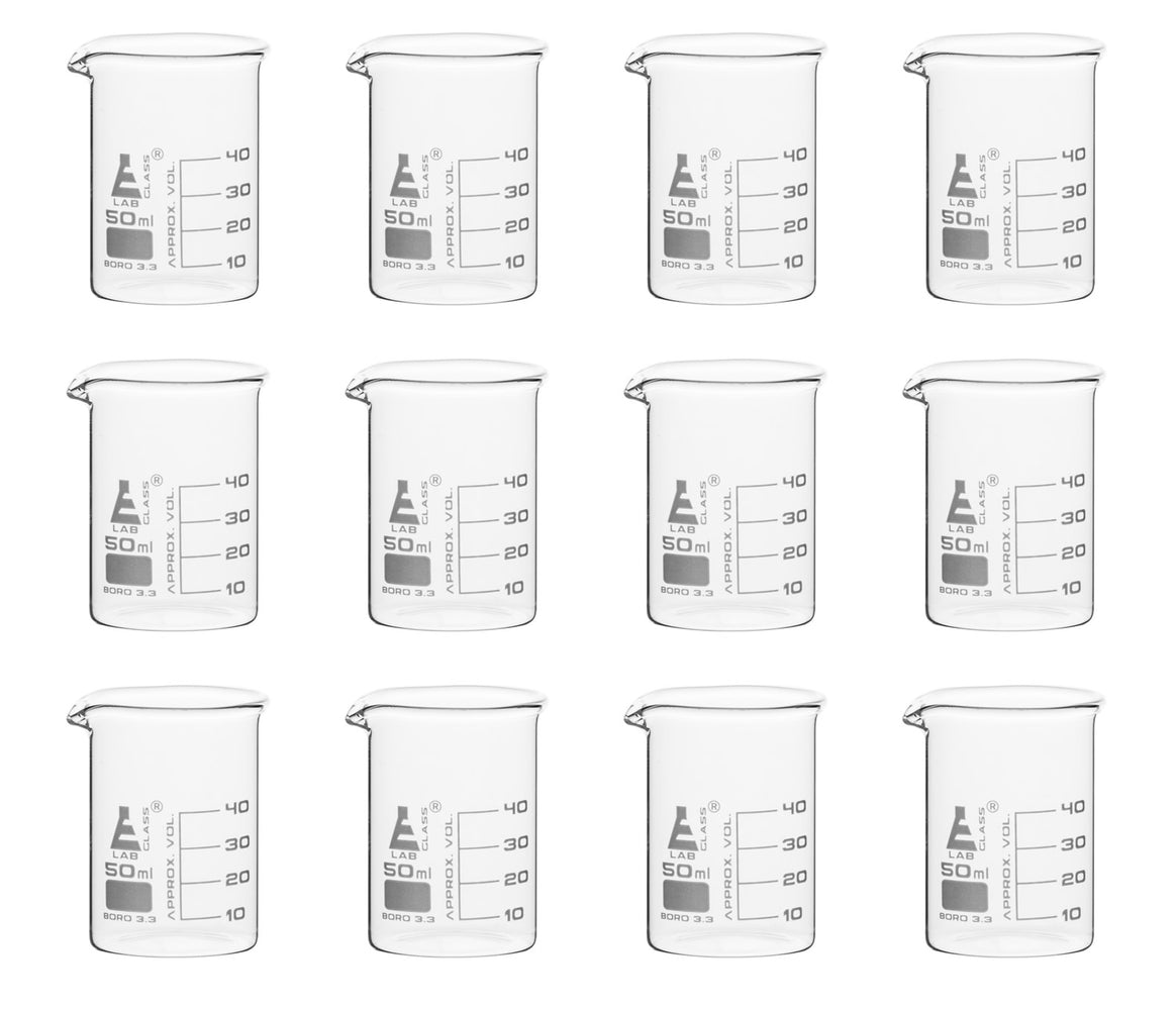 12PK Beakers, 50ml - Low Form - 10ml Graduations - Borosilicate Glass
