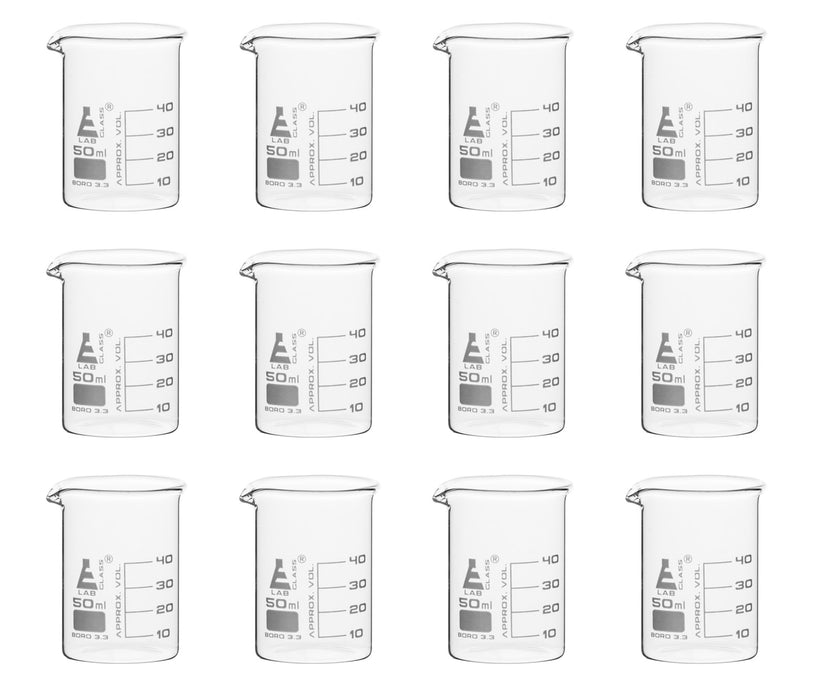 12PK Beakers, 50ml - Low Form - 10ml Graduations - Borosilicate Glass
