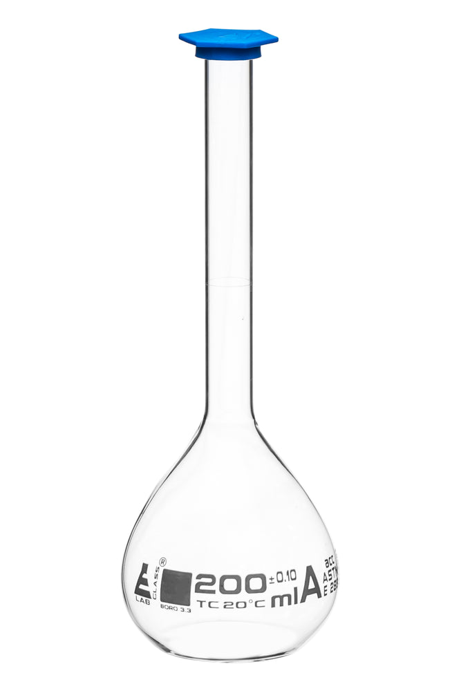 Volumetric Flask, 200ml - Class A, ASTM - Tolerance ±0.120ml - Blue Snap Cap - Single, White Graduation - Borosilicate Glass - Eisco Labs