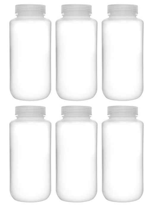 6PK Reagent Bottles, 1000ml - Wide Mouth, Screw Cap - Polypropylene