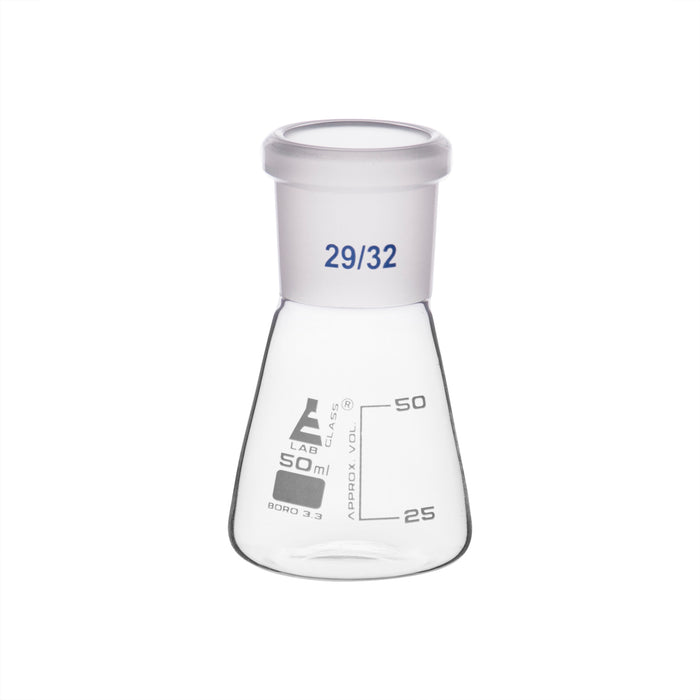 Erlenmeyer Flask, 50ml - 29/32 Joint, Interchangeable - Borosilicate Glass - Conical Shape, Narrow Neck - Eisco Labs