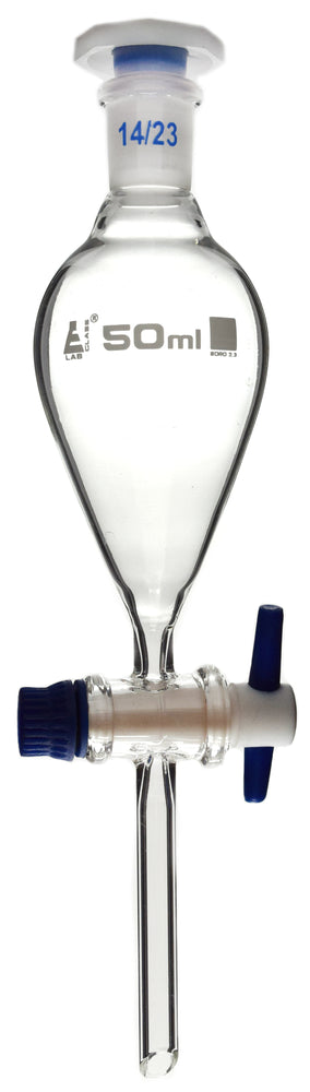 Squibb Separating Funnel, 50ml - 14/23 Plastic Stopper, PTFE Key Stopcock, Ungraduated - Borosilicate Glass - Eisco Labs