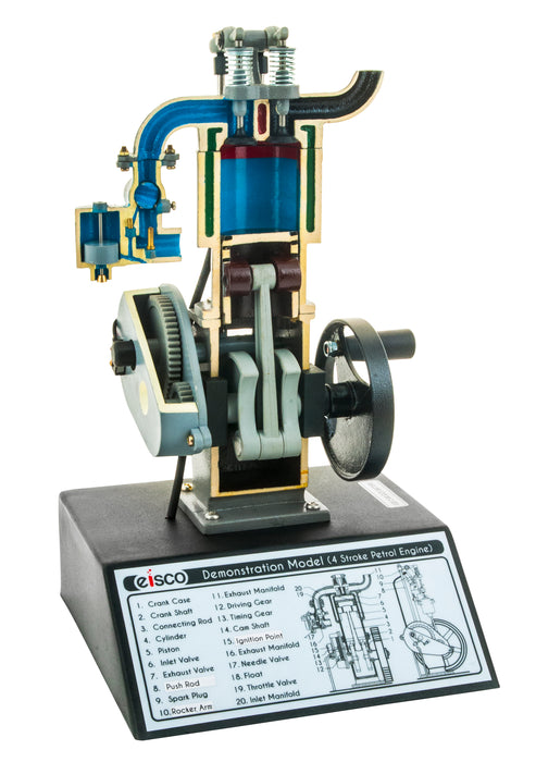 4 Stroke Gasoline Hand Crank Engine Model with Actuating Movable Parts to Demonstrate Engine Basics - 13.75" Tall - Eisco Labs