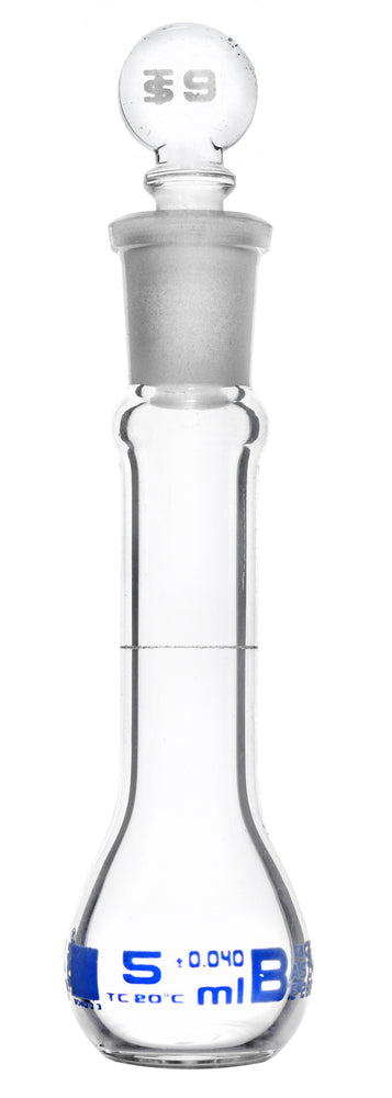 Volumetric Flask, 5ml - ASTM, Class B Tolerance ±0.040ml - #9 Glass Stopper - Single, Blue Graduation - Borosilicate Glass - Eisco Labs