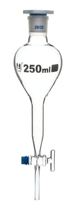 Gilson Separating Funnel, 250ml - Glass Stopcock - Plastic Stopper, Socket Size 29/32 - Borosilicate Glass - Eisco Labs