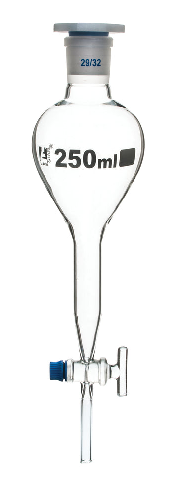 Gilson Separating Funnel, 250ml - Glass Stopcock - Plastic Stopper, Socket Size 29/32 - Borosilicate Glass - Eisco Labs