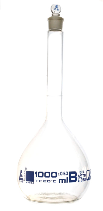 Volumetric Flask, 1000ml - Class B, ASTM - Tolerance ±0.600 ml - Glass Stopper -  Single, Blue Graduation - Eisco Labs