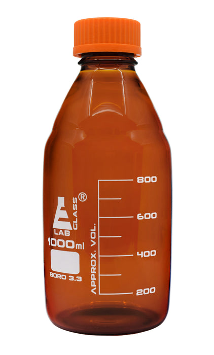 Reagent Bottle, 1000ml - Amber Colored Glass - Orange Screw Cap - Borosilicate 3.3 Glass