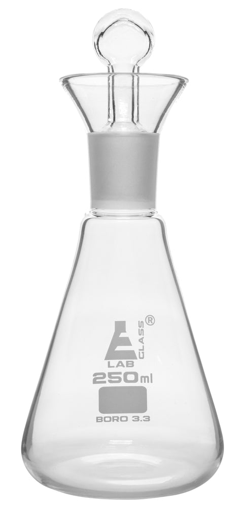 Iodine Flask & Stopper, 250ml - 24/29 Socket Size, Interchangeable Stopper - Conical Shape - Borosilicate Glass - Eisco Labs
