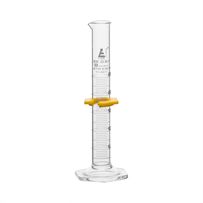 Measuring Cylinder, 25ml - ASTM, Class B Tolerance ±0.34ml - Protective Collar, Hexagonal Base - White Graduations - Borosilicate 3.3 Glass - Eisco Labs