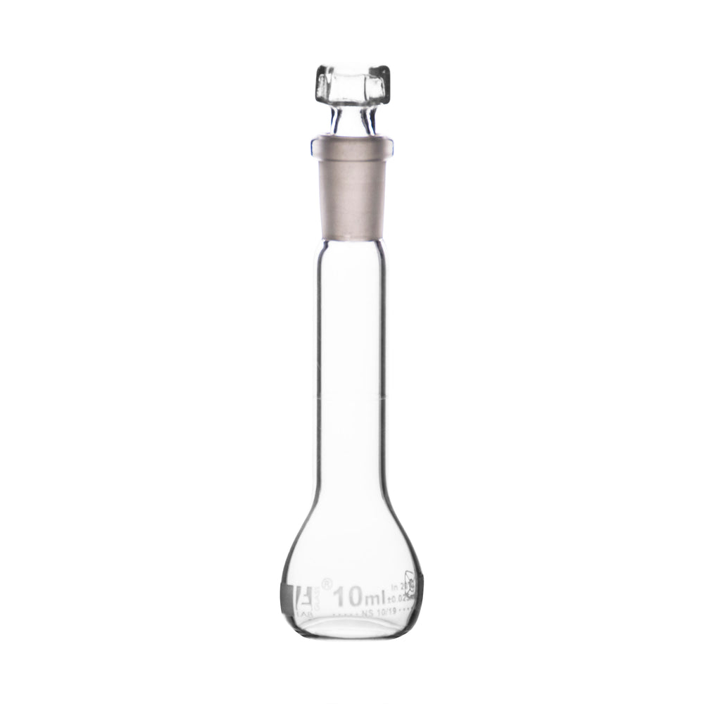 Volumetric Flask, 10ml - Class B - Hexagonal, Hollow Glass Stopper - Single, White Graduation - Eisco Labs
