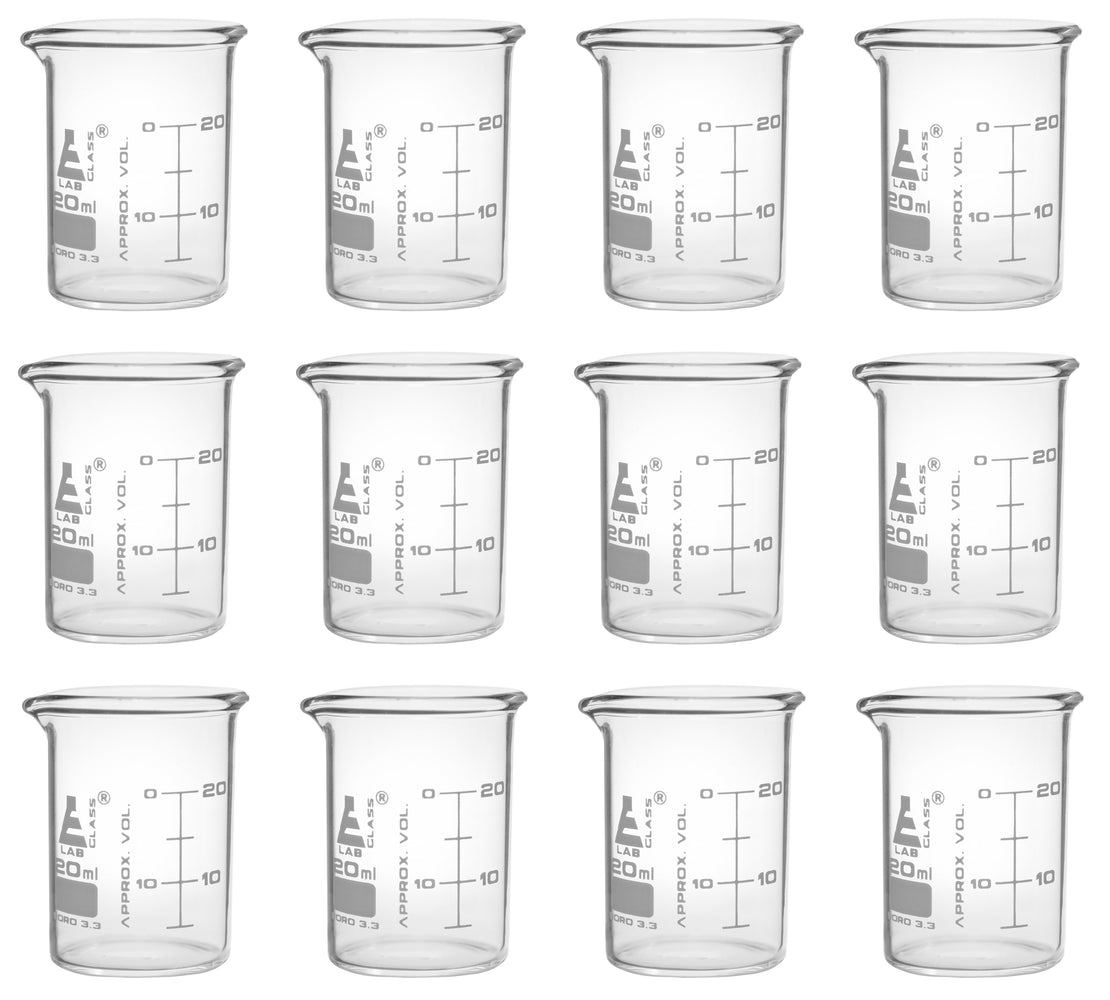 12PK Beakers, 20ml - ASTM - Low Form, Dual Scale Graduations - Borosilicate Glass