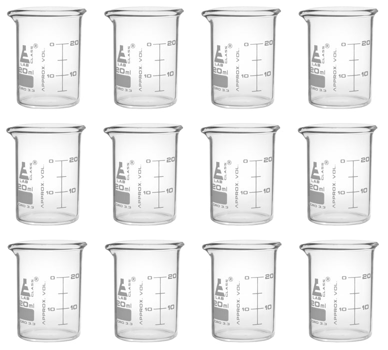 12PK Beakers, 20ml - ASTM - Low Form, Dual Scale Graduations - Borosilicate Glass