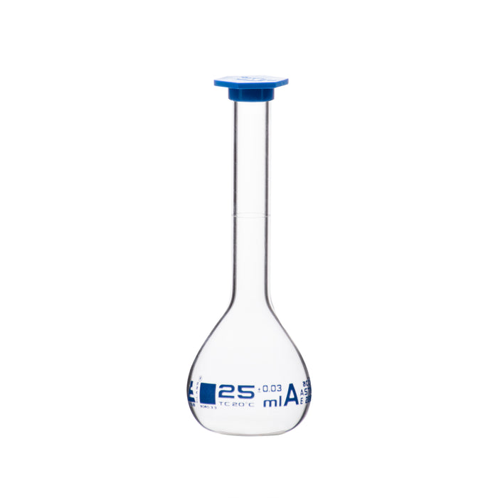 Volumetric Flask, 25ml - Class B, ASTM - Tolerance ±0.06ml - Blue Snap Cap - Single, White Graduation - Borosilicate Glass - Eisco Labs