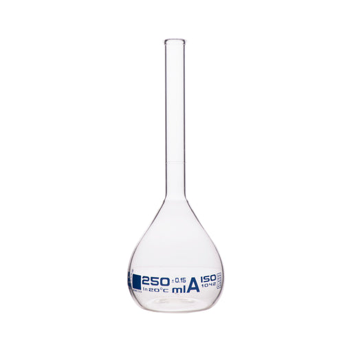 Volumetric Flask, 250ml - Class A - Borosilicate Glass - Blue Graduation, Tolerance ±0.150 - No Stopper, Beaded Rim - Eisco Labs