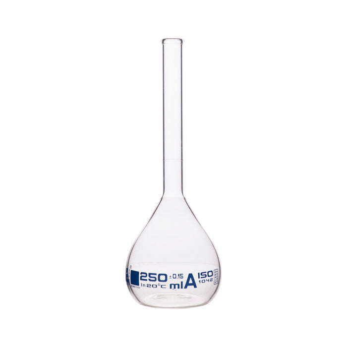 Volumetric Flask, 250ml - Class A - Borosilicate Glass - Blue Graduation, Tolerance ±0.150 - No Stopper, Beaded Rim - Eisco Labs