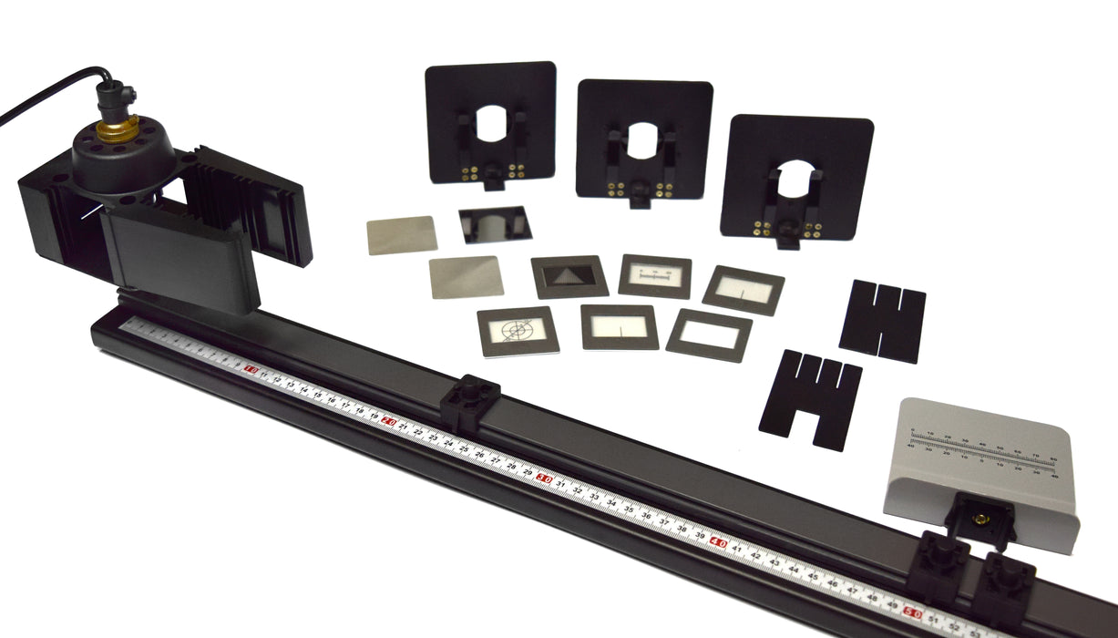 Optical Bench Set, for Introductory Optics Experiments - Includes Lamp Housing, Lens and Slide Holder, Plate Mirror, Slit Plates and More - Eisco Labs