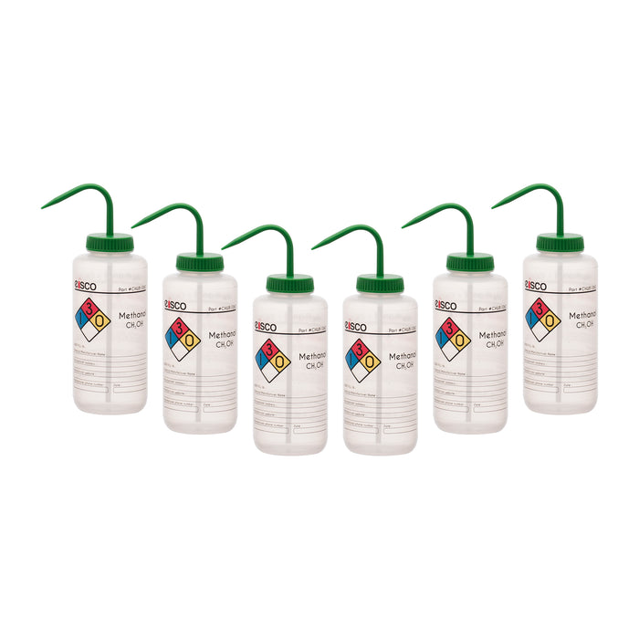 6PK Performance Plastic Wash Bottle, Methanol, 1000 ml - Labeled (4 Color)