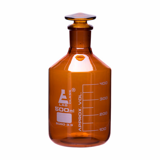 Reagent Bottle, Amber, 500mL - Graduated - Narrow Mouth with Solid Glass Stopper - Borosilicate Glass