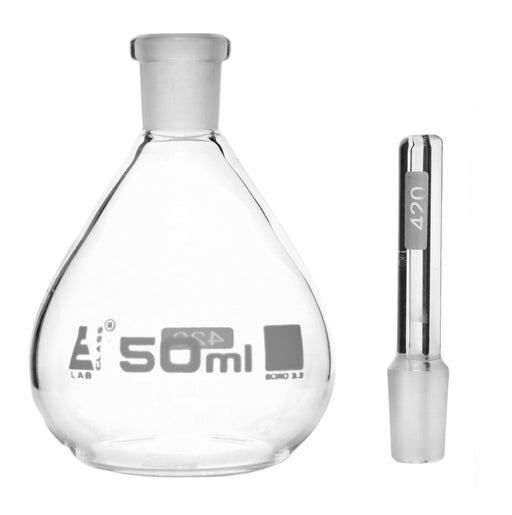 Pycnometer, Calibrated, 50mL - Specific Gravity Bottle with Flat Bottom & Perforated Stopper - Borosilicate 3.3 Glass - Eisco Labs