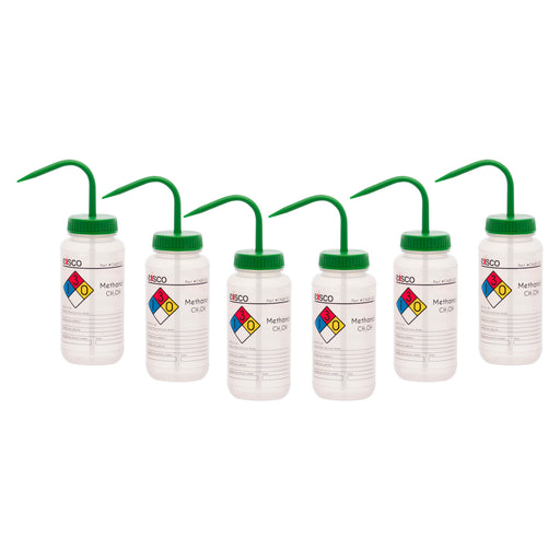 6PK Performance Plastic Wash Bottle, Methanol, 500 ml - Labeled (4 Color)