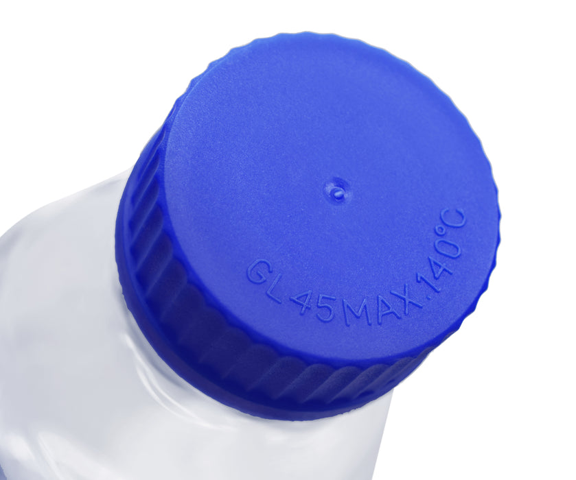 Reagent Bottle, 100ml - Transparent with Blue Screw Cap - White Graduations - Borosilicate 3.3 Glass - Eisco Labs