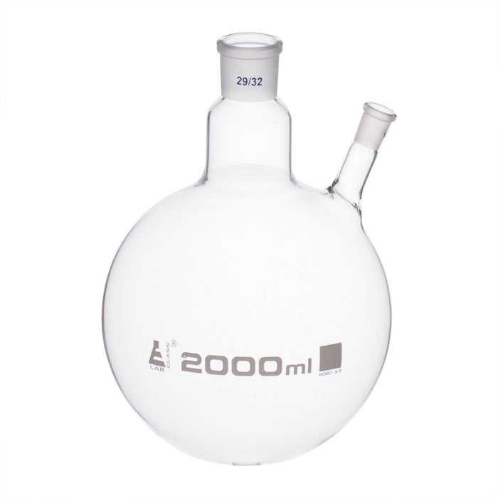 Distilling Flask, 2000ml - 29/32 Oblique Neck with 14/23 Joint - Borosilicate Glass - Round Bottom - Eisco Labs