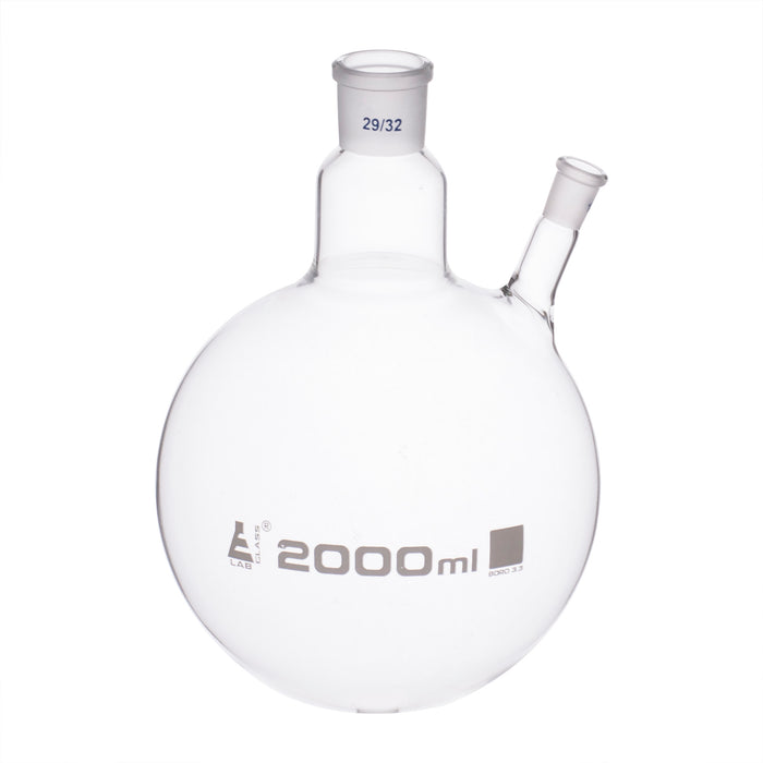 Distilling Flask, 2000ml - 29/32 Oblique Neck with 14/23 Joint - Borosilicate Glass - Round Bottom - Eisco Labs