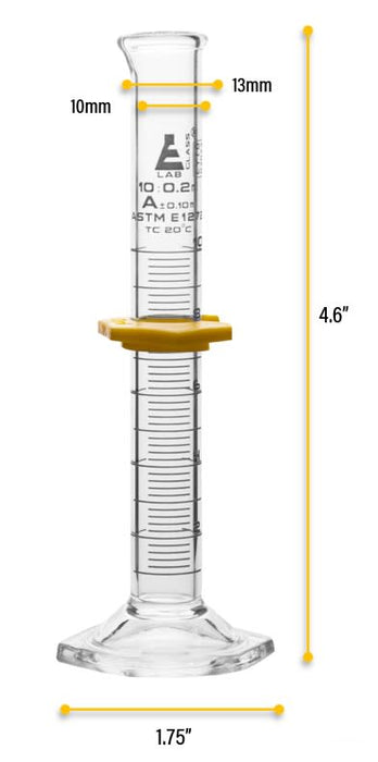 Measuring Cylinder, 10ml - ASTM, Class A Tolerance ±0.10ml - Protective Collar, Hexagonal Base - White Graduations - Borosilicate 3.3 Glass - Eisco Labs